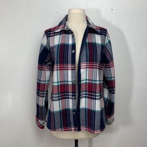 Orvis Womans Plaid Cotton Shacket Medium Blue Red Snap Front Pockets Chore Work